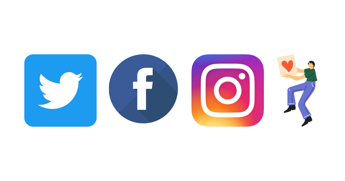 The symbols for Twitter, Facebook, Instagram along with an image of person putting a poster up.